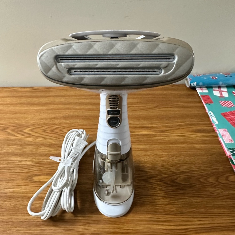 Compact White and Silver Garment Steamer